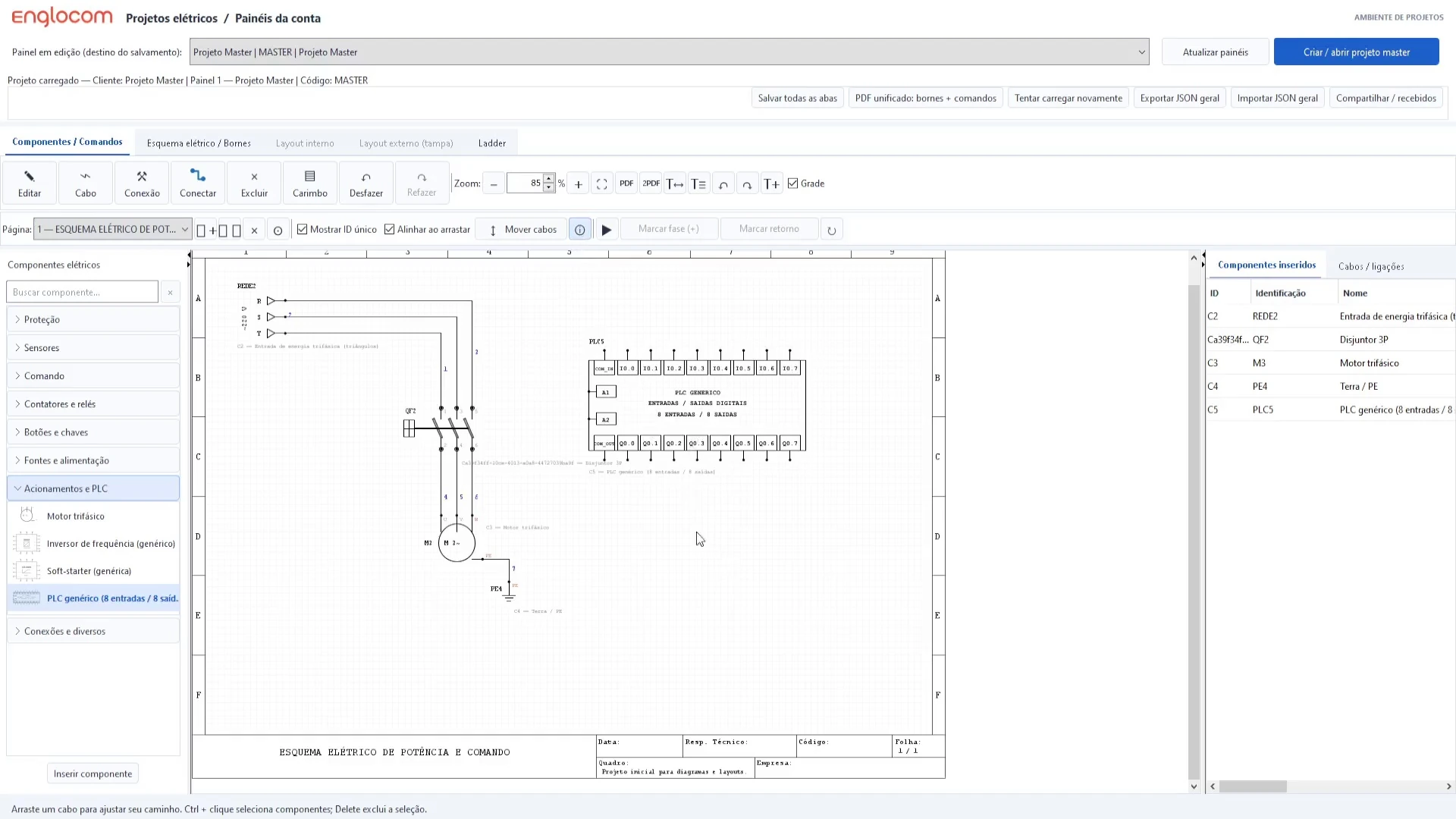 Tela real do Englocom Control com esquema elétrico, motor trifásico e PLC